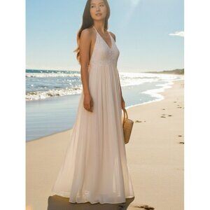 Sand & Spirit Crotchet Halter Gauze Maxi Dress M Beach Wedding Boho Cover Up